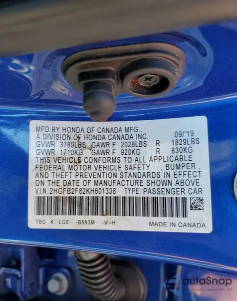 2019 Honda Civic Sport from USA, damaged, VIN 2HGFC2F82KH601338